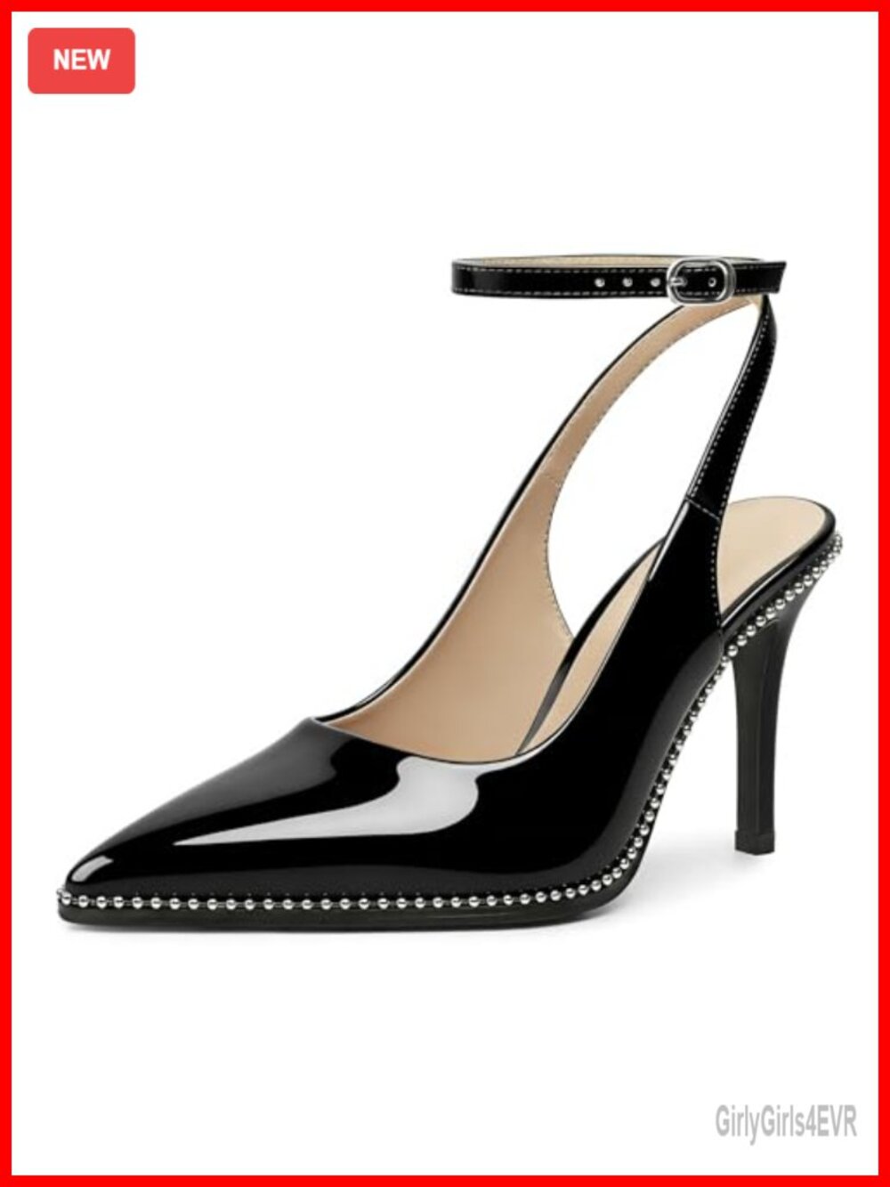 Slingback Heels Ankle Strap Pointed Toe Stiletto High Heel Beaded Patent